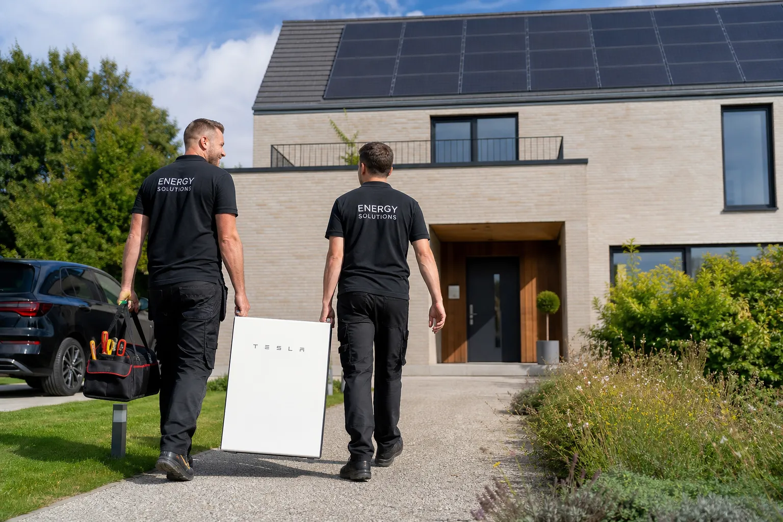 Twee installateurs lopen met gereedschap en een thuisbatterij naar een woning
