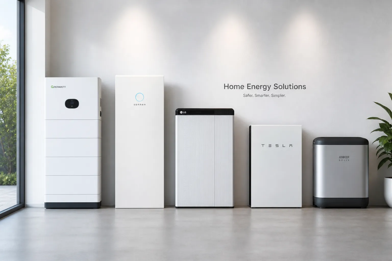 Verschillende moderne thuisbatterijen op een rij in een showroom