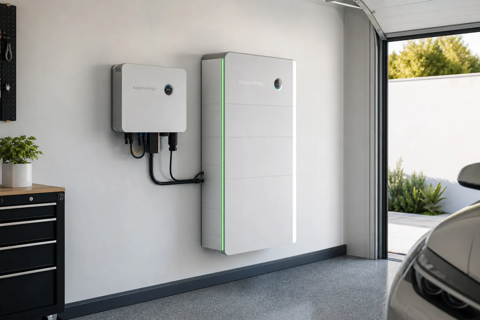 Moderne thuisbatterij en omvormer aan de muur