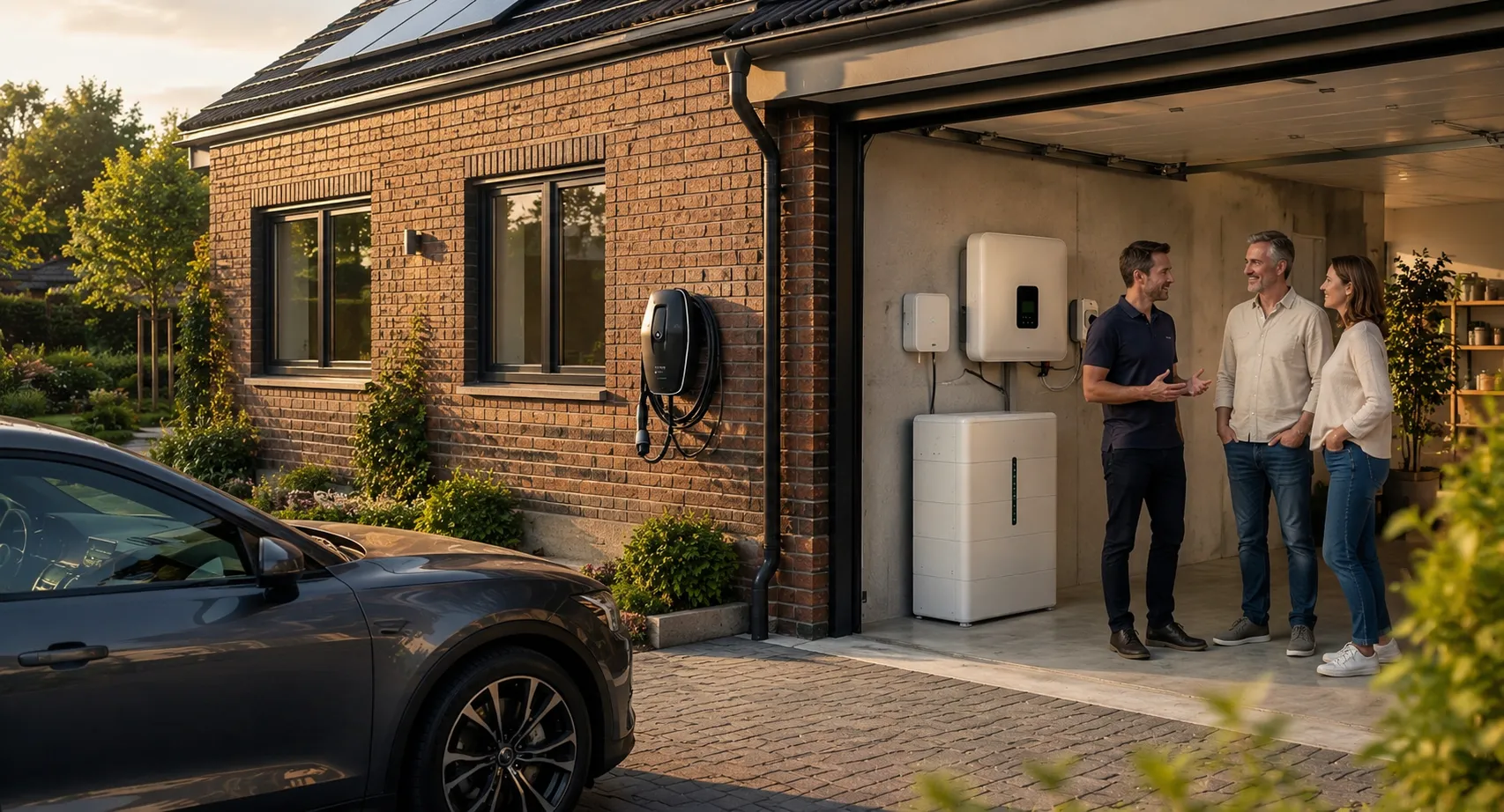 Moderne thuisbatterij en omvormer aan de muur in een garage