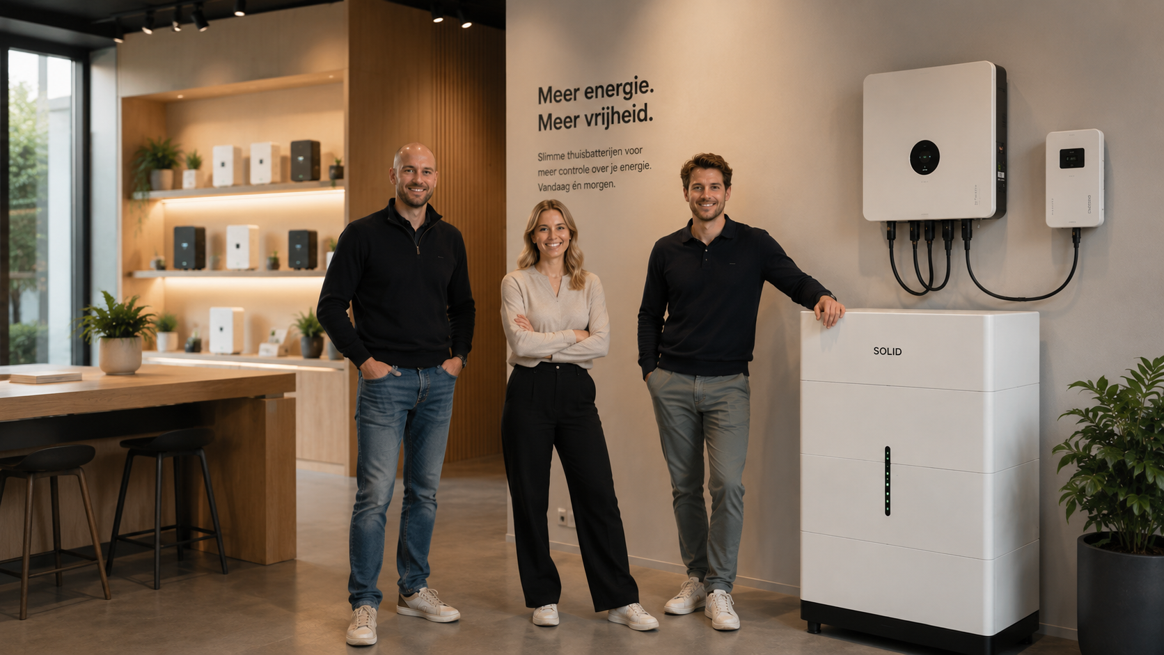 Drie adviseurs in een showroom met thuisbatterijen en omvormers