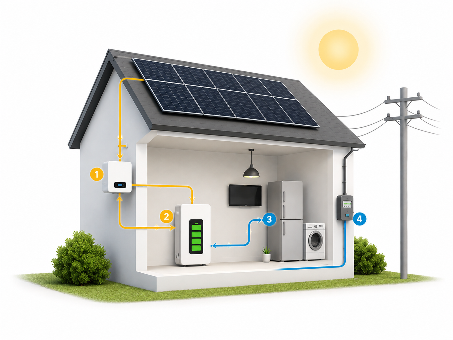 Doorsnede van een woning met zonnepanelen, omvormer, thuisbatterij en aansluiting op het stroomnet